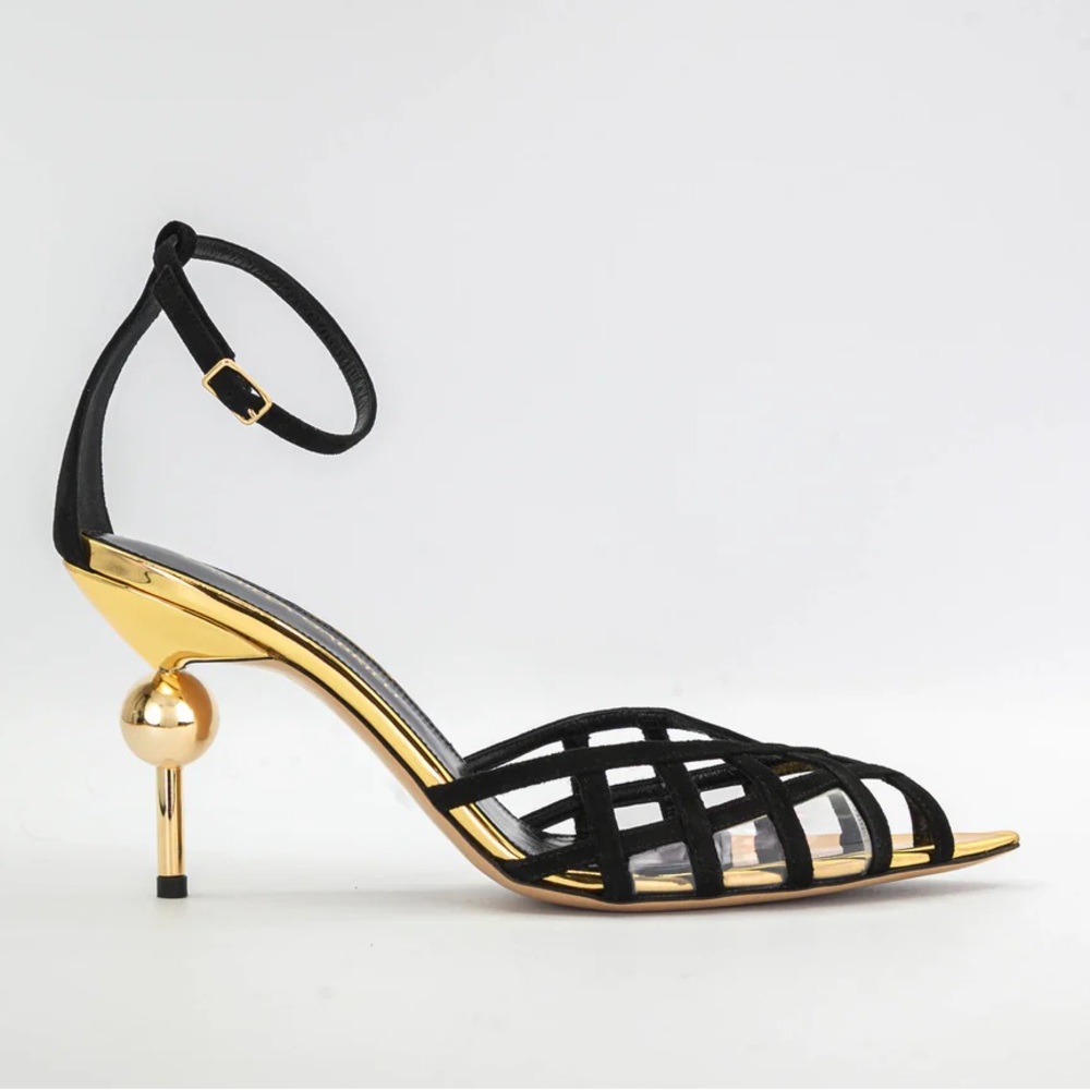 Camilla Gabrielli Black & Gold Cage Pumps, Brand New in Box, Size 38